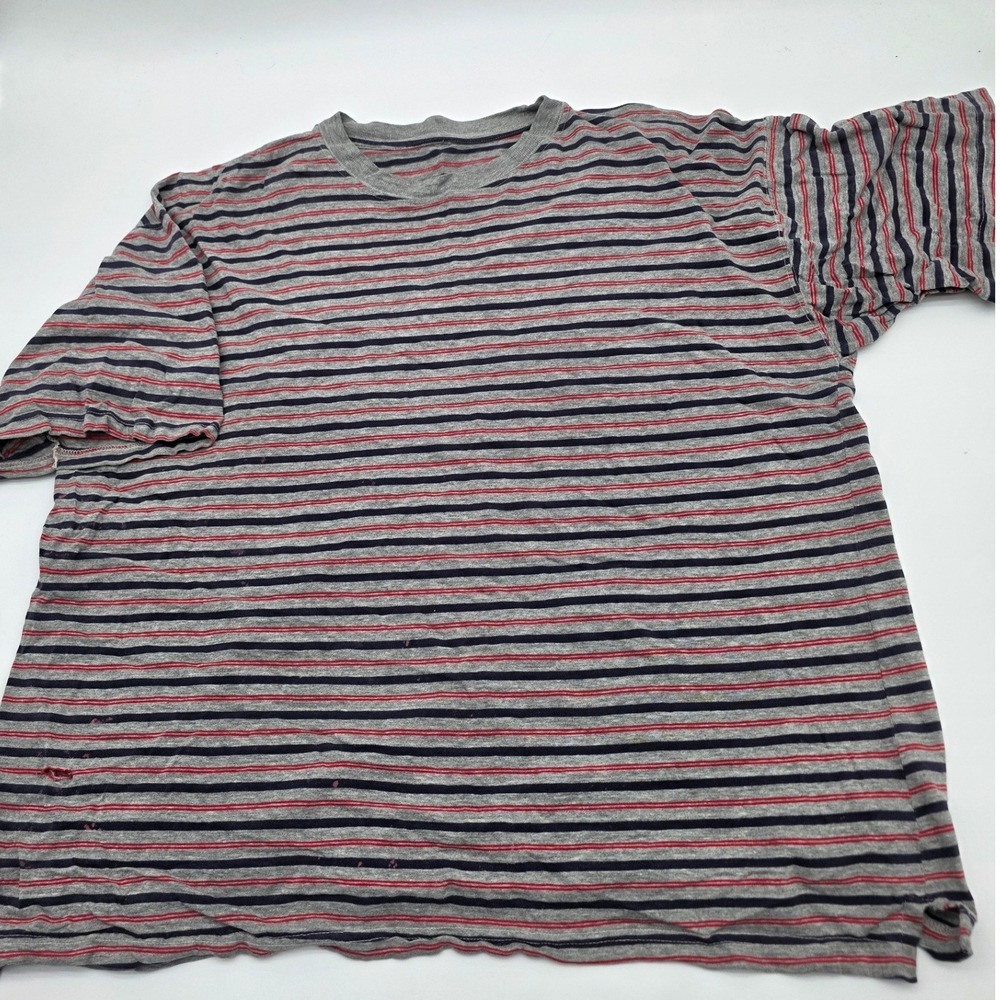 Vintage 60's Striped T-Shirt Mens XL Grey Red Blue Distressed Short Sleeve Tee